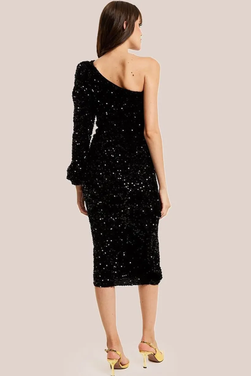 Black Sequin Velvet One Shoulder Midi Dress by Liquorish