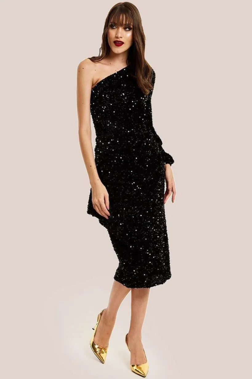 Black Sequin Velvet One Shoulder Midi Dress by Liquorish