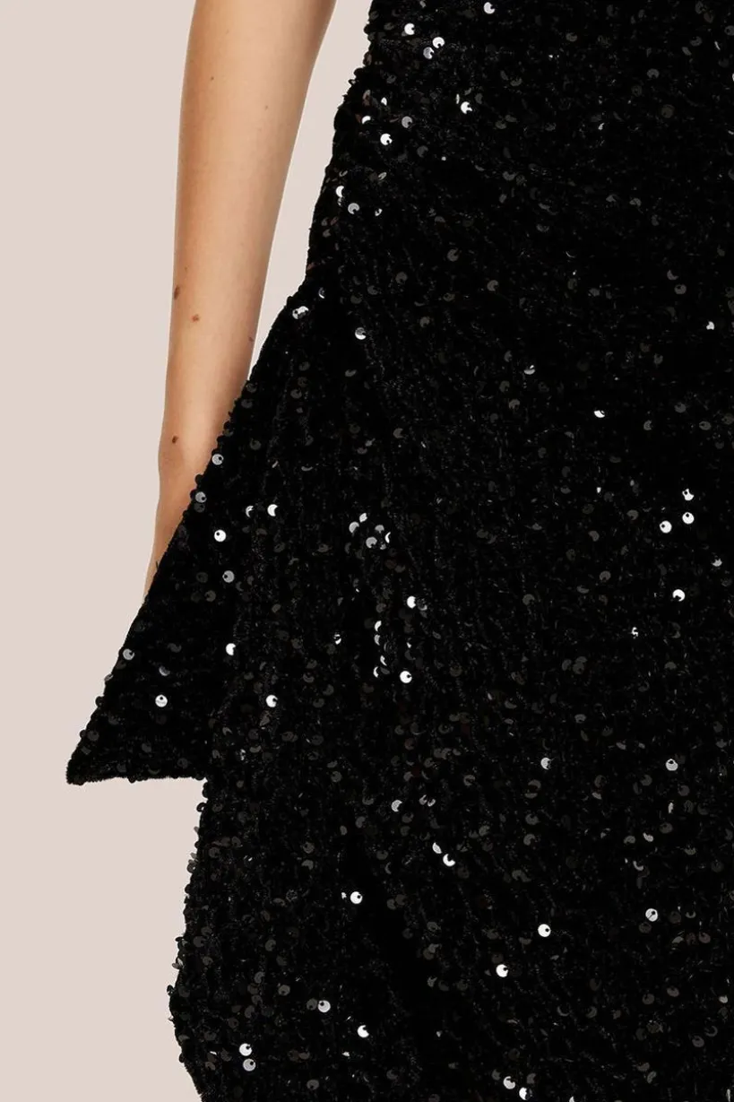 Black Sequin Velvet One Shoulder Midi Dress by Liquorish