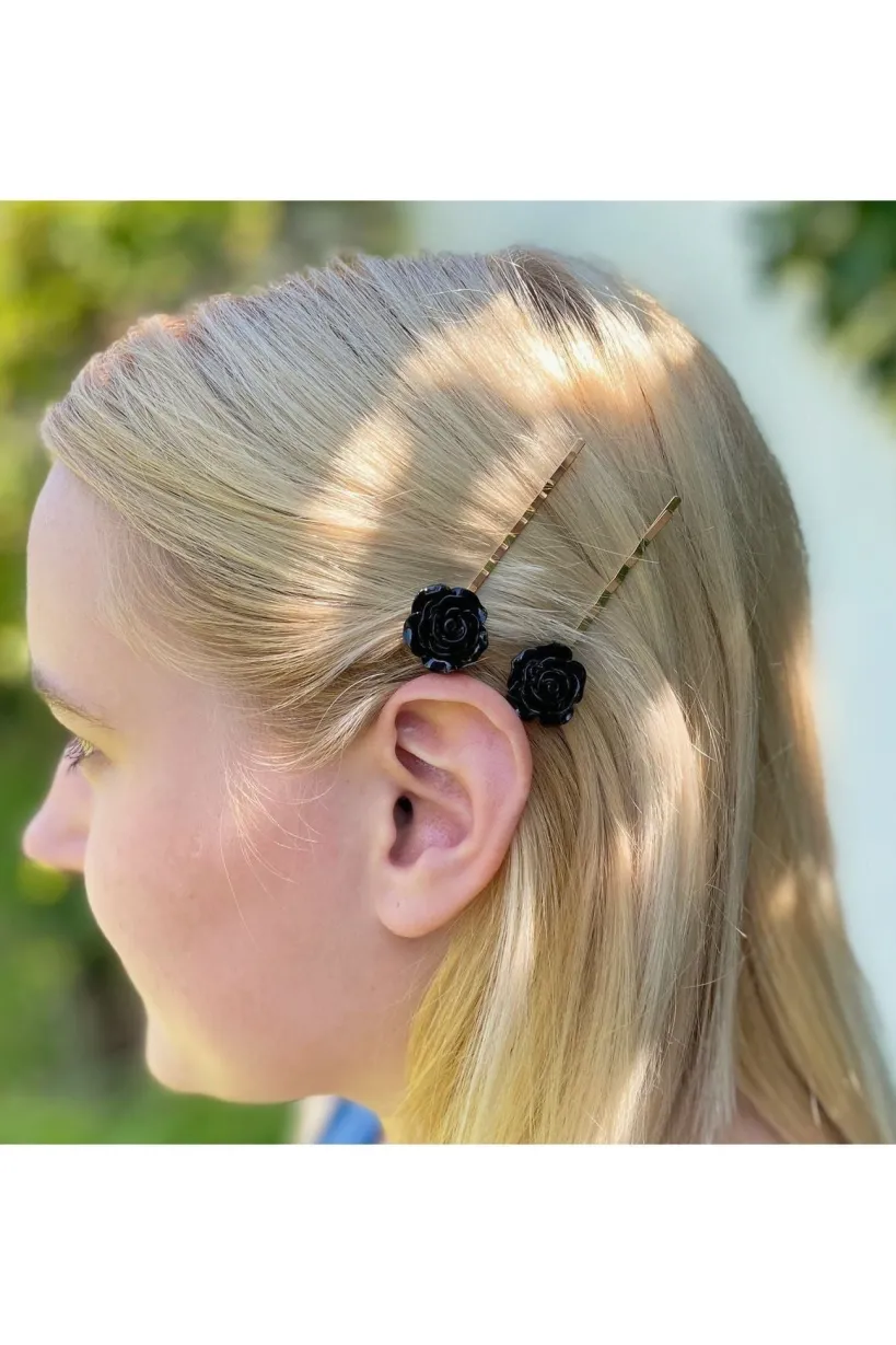 Black Slides Rose Hair Clip by QueenMee Accessories