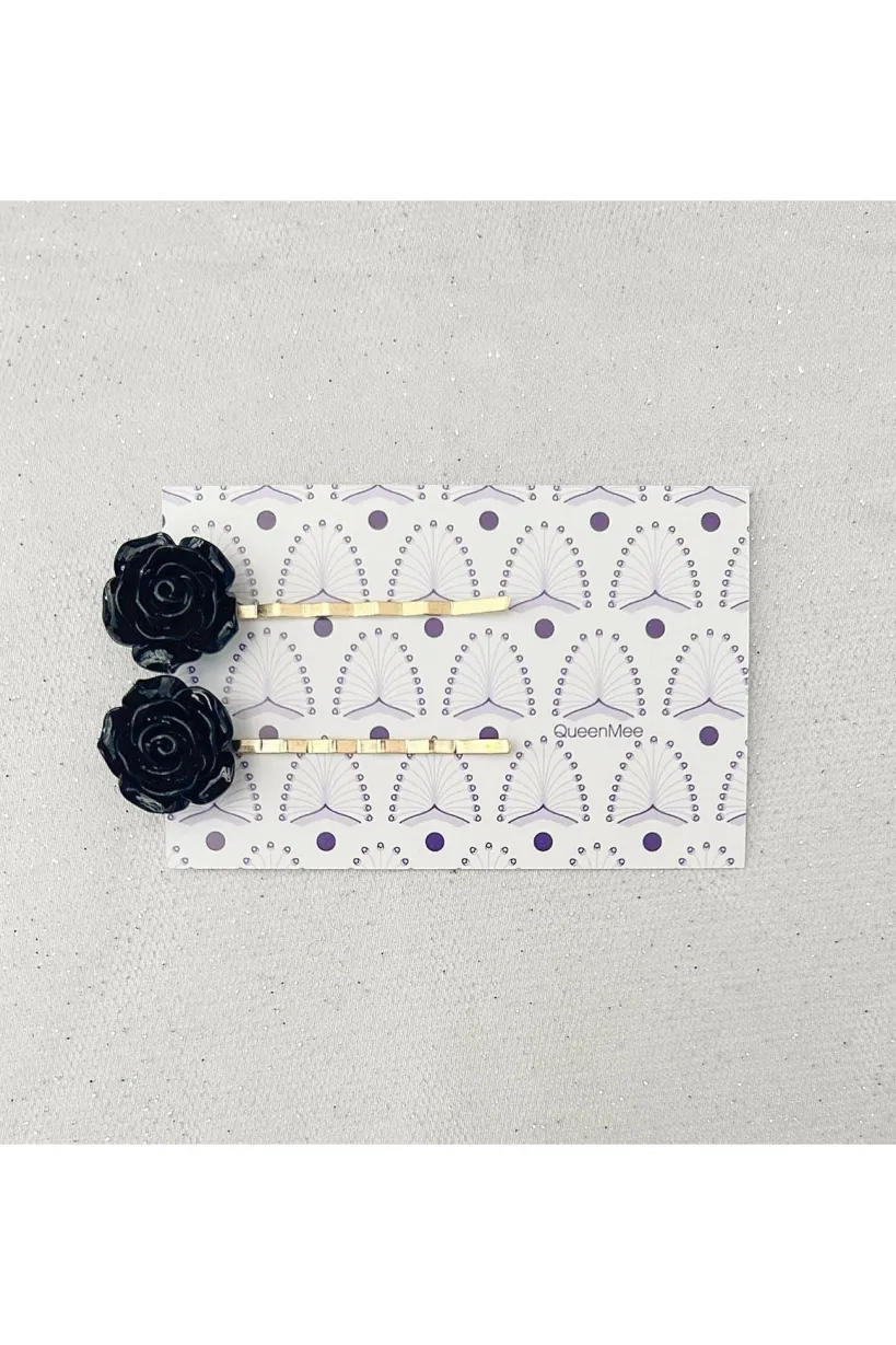 Black Slides Rose Hair Clip by QueenMee Accessories