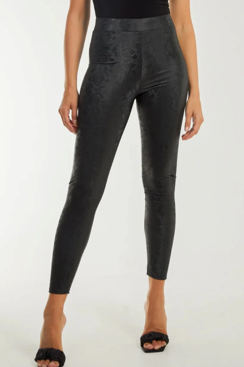 Black Snake Print Leather Look Leggings by Aftershock London