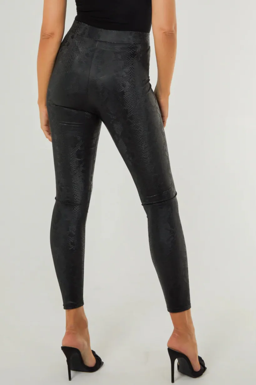 Black Snake Print Leather Look Leggings by Aftershock London