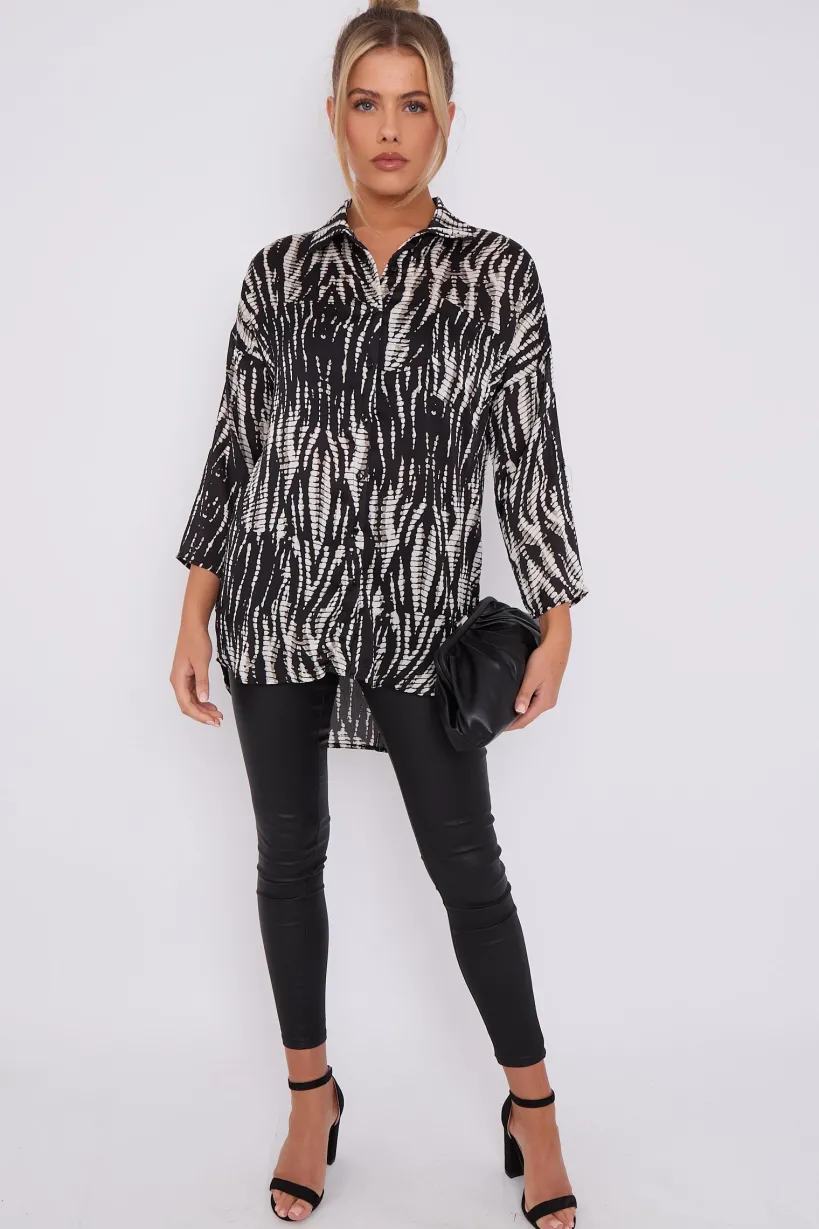 Black Tie Dye Print Satin Oversized Shirt by LOVE SUNSHINE