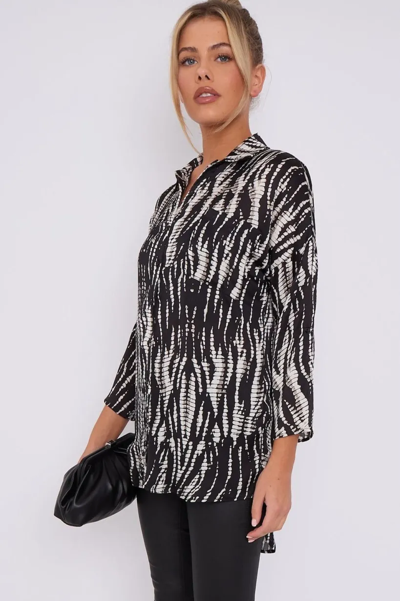Black Tie Dye Print Satin Oversized Shirt by LOVE SUNSHINE