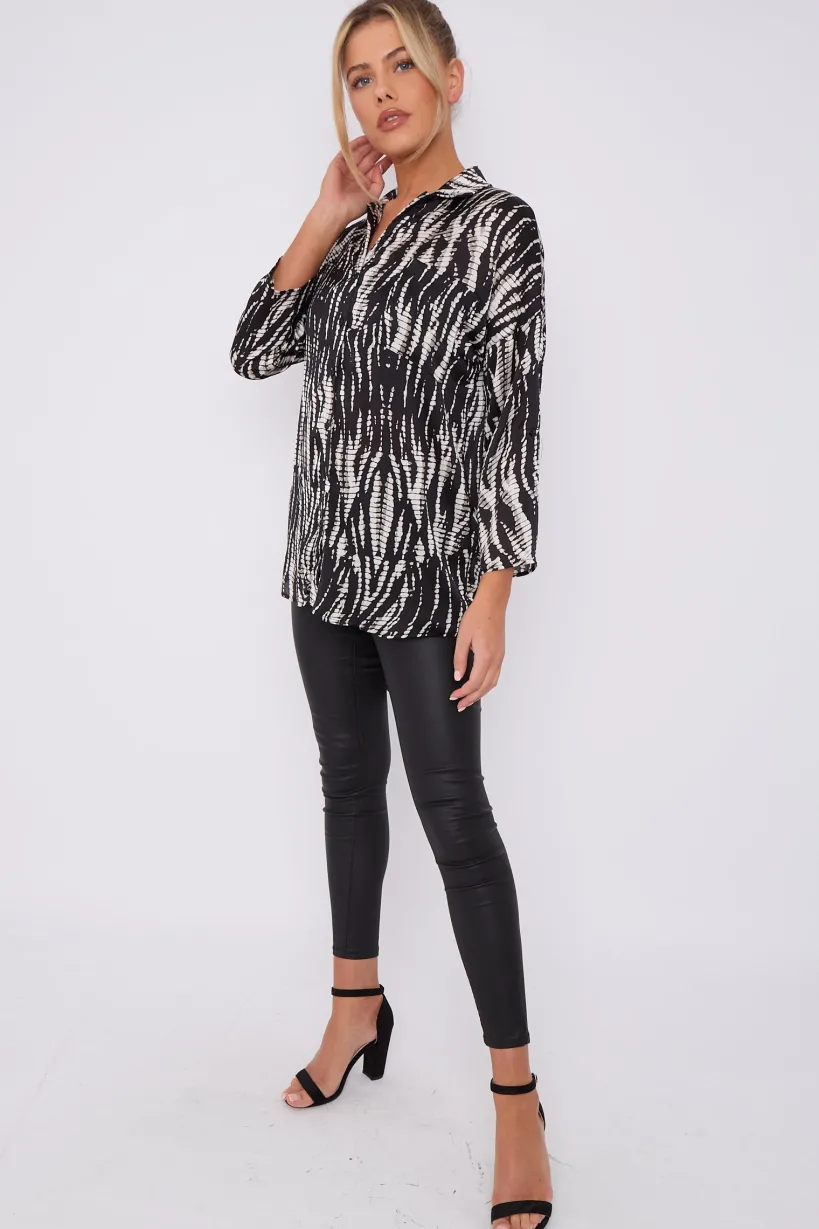 Black Tie Dye Print Satin Oversized Shirt by LOVE SUNSHINE
