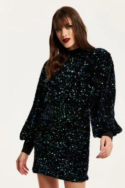 Black Velvet Based Green And Blue Sequin Mini Dress by Liquorish