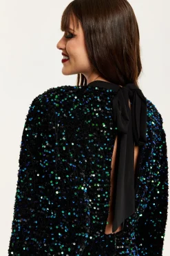 Black Velvet Based Green And Blue Sequin Mini Dress by Liquorish