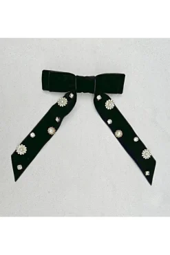 Black Velvet Bow Hair Clip With Jewels by QueenMee Accessories
