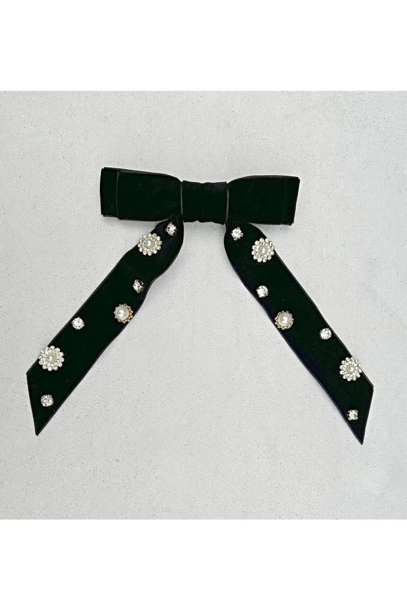 Black Velvet Bow Hair Clip With Jewels by QueenMee Accessories