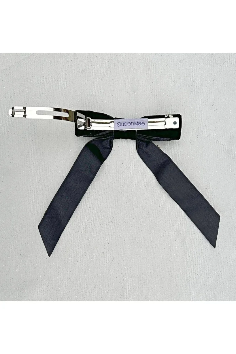 Black Velvet Bow Hair Clip With Jewels by QueenMee Accessories