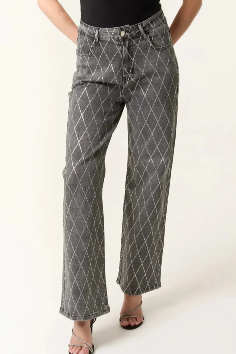 Black Wash Diamond Embellished Straight Leg Jeans by Aftershock London
