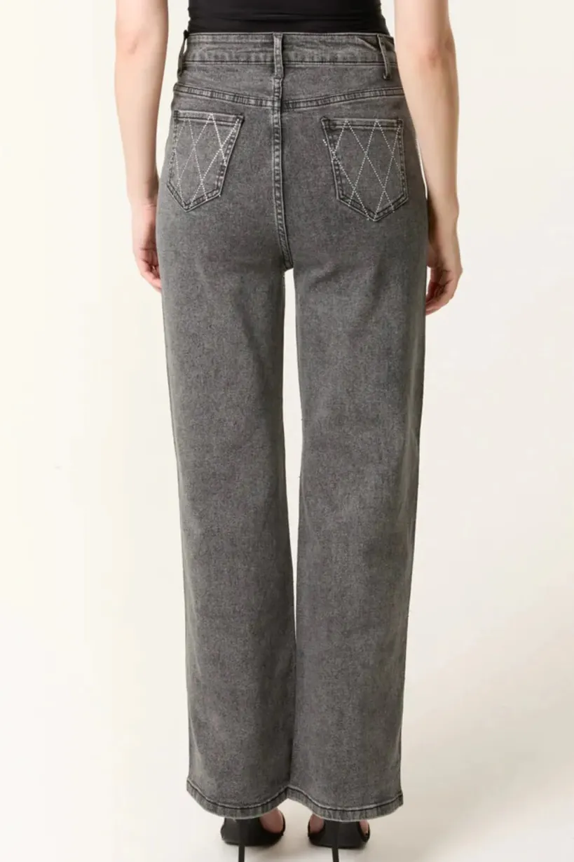Black Wash Diamond Embellished Straight Leg Jeans by Aftershock London