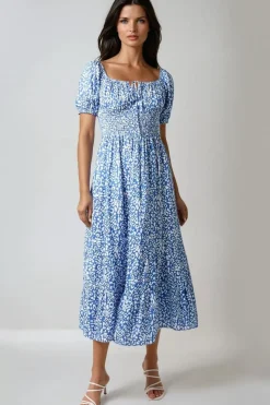 Blue Animal Print Shirred Midi Dress by Aftershock London