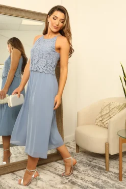 Blue Halter Neck Lace Layer Dress by Double Second