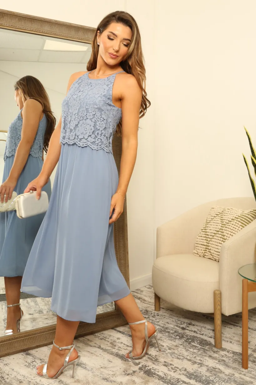 Blue Halter Neck Lace Layer Dress by Double Second