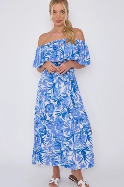 Blue Leaf Floral Print Bardot Maxi Dress by LOVE SUNSHINE