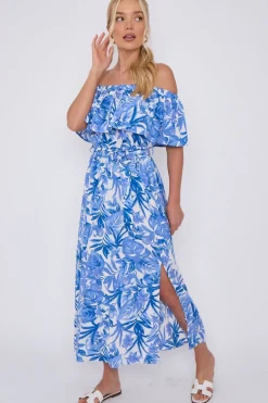 Blue Leaf Floral Print Bardot Maxi Dress by LOVE SUNSHINE