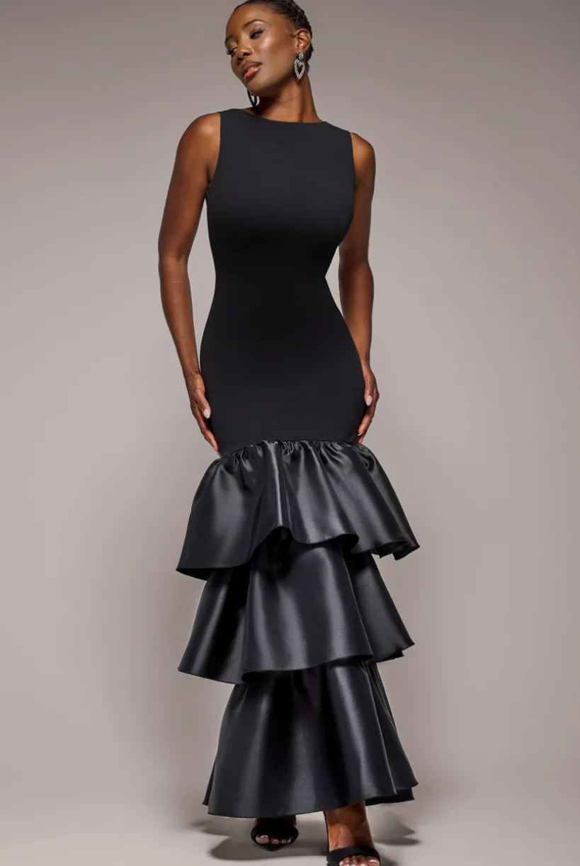 Boat Neck Satin & Scuba Crepe Tiered Maxi Dress - Black by Goddiva