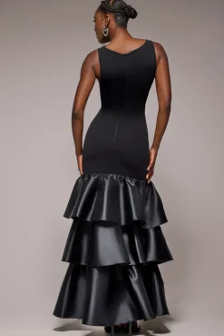 Boat Neck Satin & Scuba Crepe Tiered Maxi Dress - Black by Goddiva