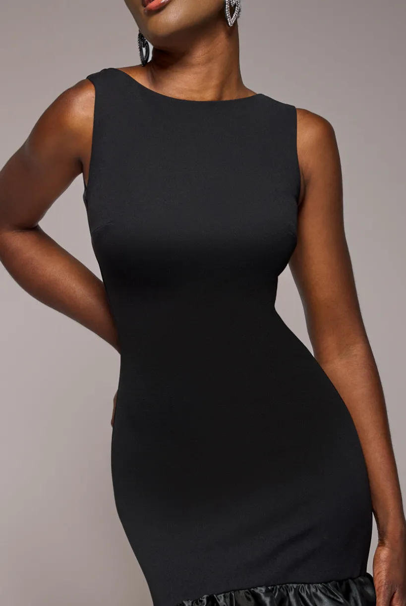 Boat Neck Satin & Scuba Crepe Tiered Maxi Dress - Black by Goddiva