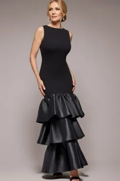 Boat Neck Satin & Scuba Crepe Tiered Maxi Dress - Black by Goddiva