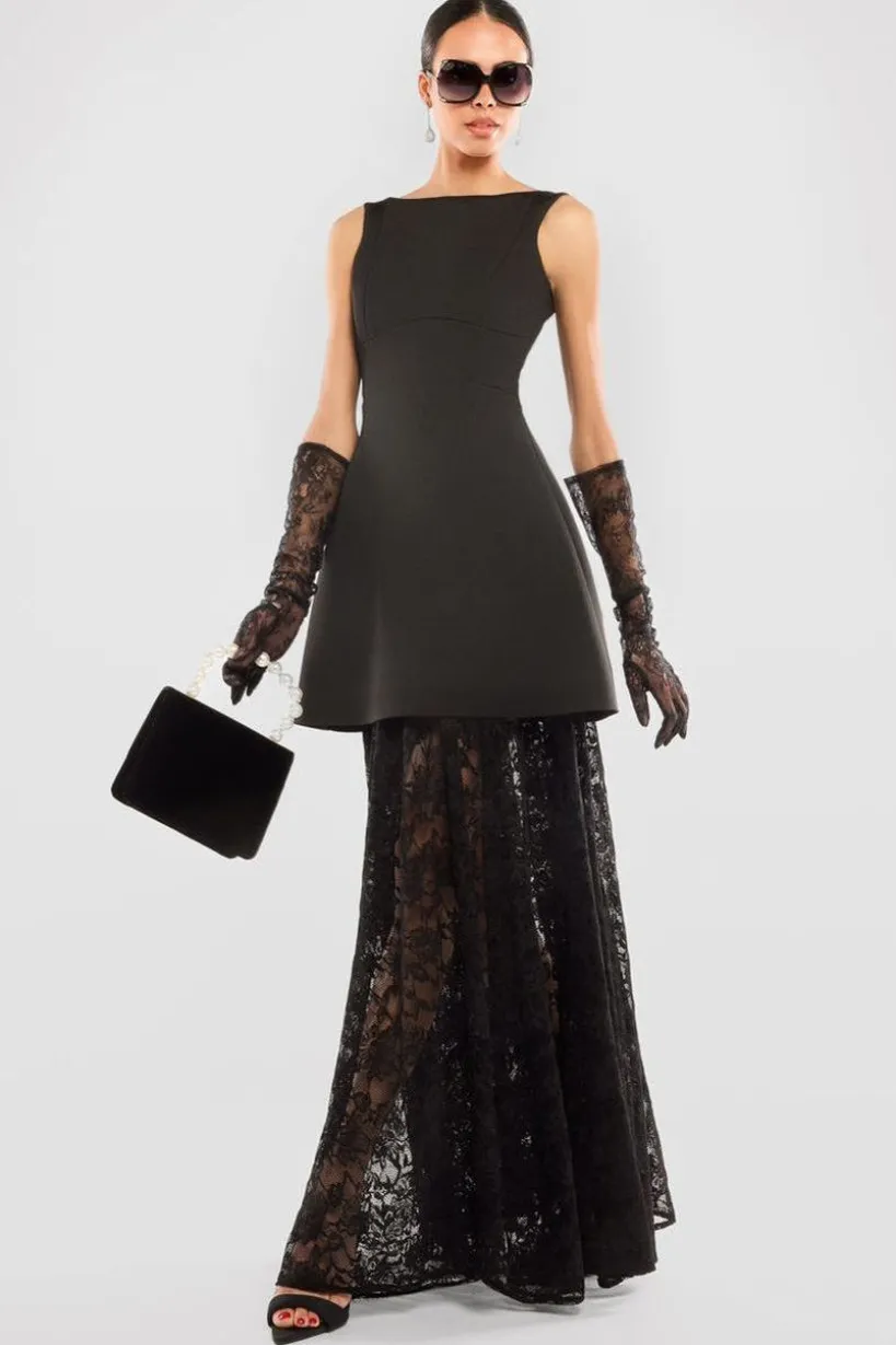 Boatneck Mini With Lace A-Line Skirt & Gloves - Black by Goddiva
