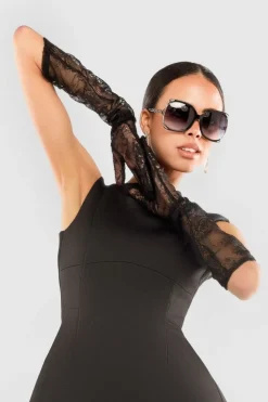 Boatneck Mini With Lace A-Line Skirt & Gloves - Black by Goddiva