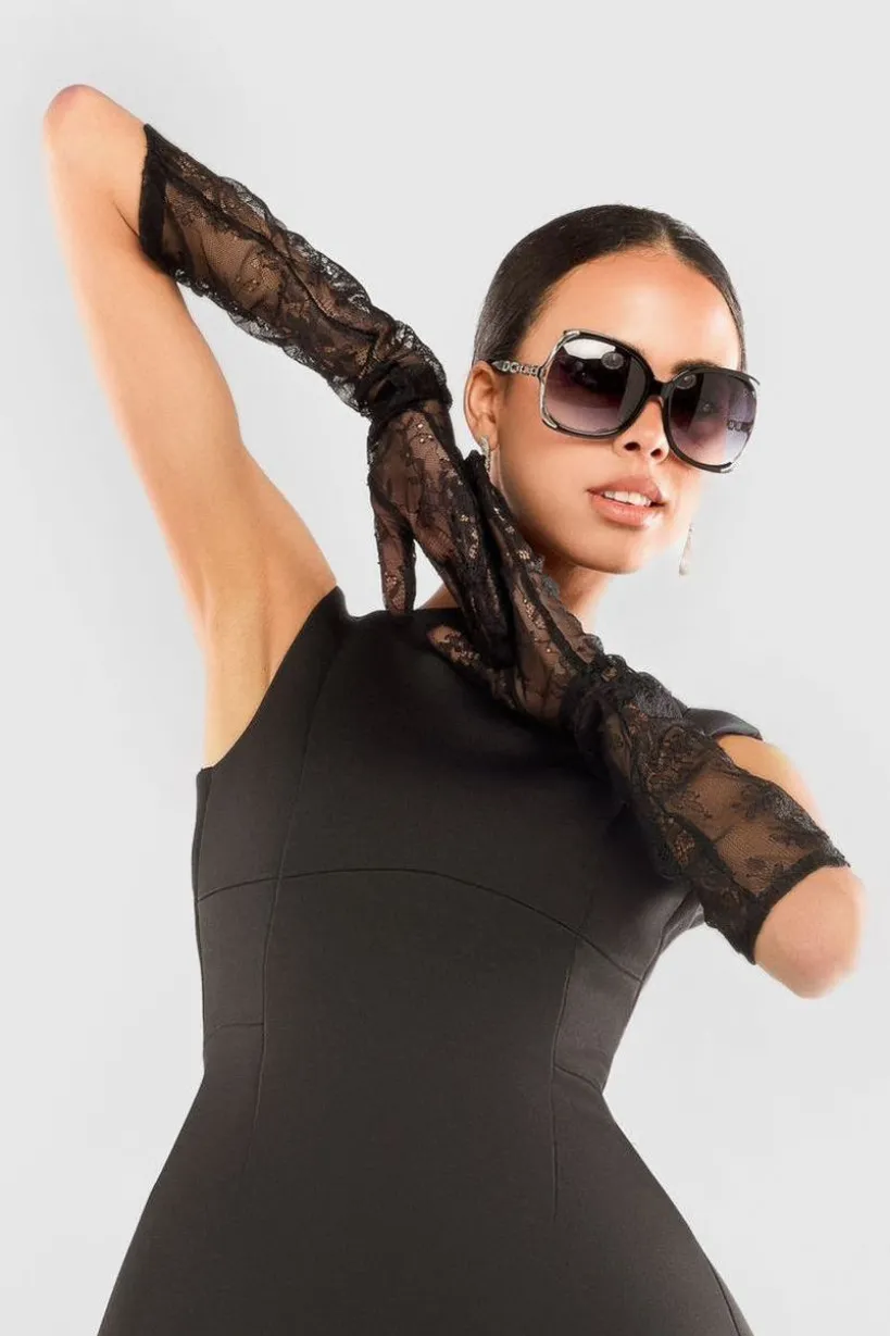 Boatneck Mini With Lace A-Line Skirt & Gloves - Black by Goddiva