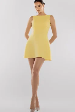 Boatneck Open Back Scuba Mini Dress - Lemon by Goddiva