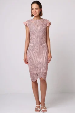 Bodycon Lace Midi Dress In Rose Pink by Angeleye