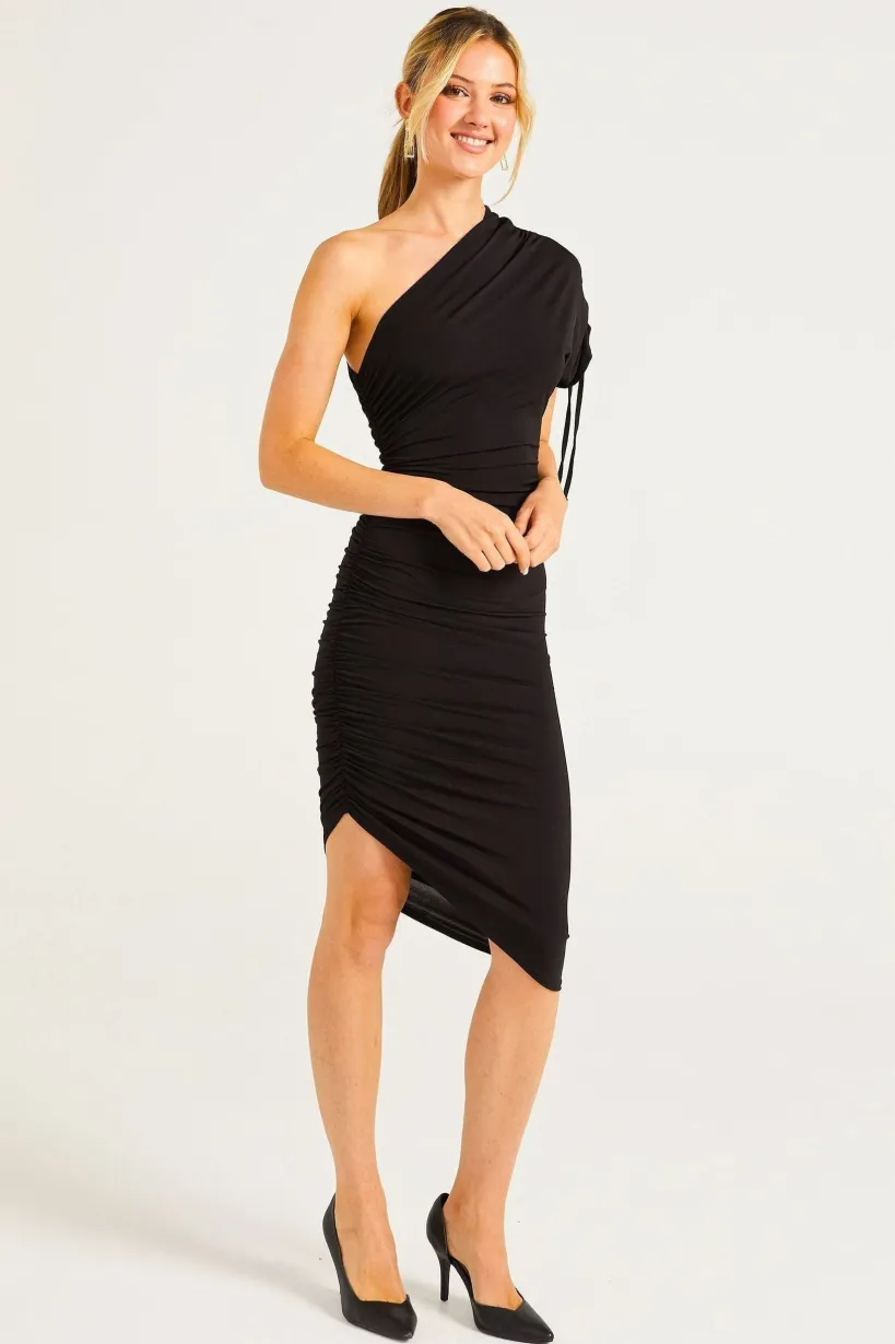 BodyCon Midi Dress With One Shoulder Adjustable Sleeve by Angeleye