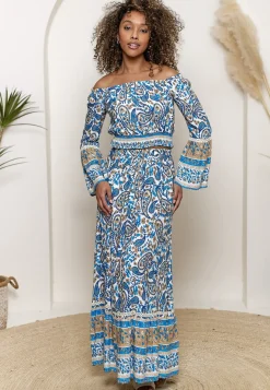 Boho Co-ord Bardot Top And Maxi Skirt Set In Blue Paisley Print by Angeleye
