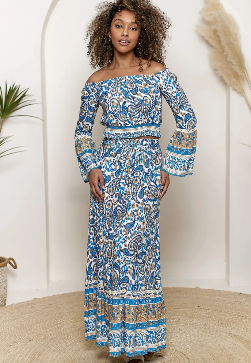 Boho Co-ord Bardot Top And Maxi Skirt Set In Blue Paisley Print by Angeleye