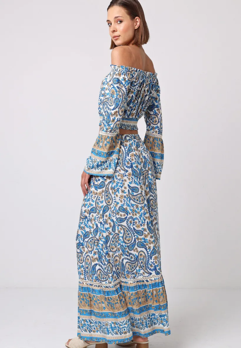 Boho Co-ord Bardot Top And Maxi Skirt Set In Blue Paisley Print by Angeleye