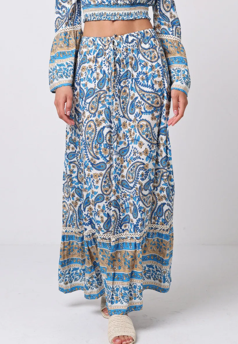 Boho Co-ord Bardot Top And Maxi Skirt Set In Blue Paisley Print by Angeleye