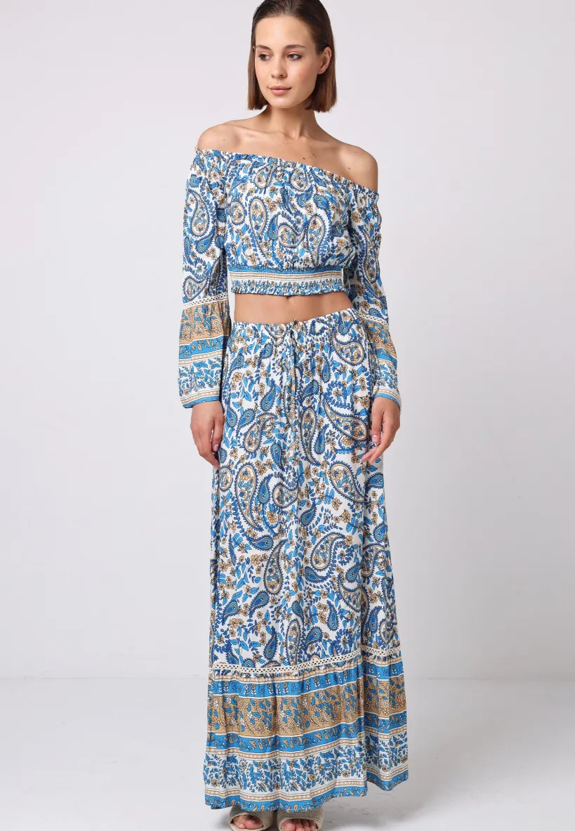 Boho Co-ord Bardot Top And Maxi Skirt Set In Blue Paisley Print by Angeleye