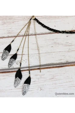 Boho Headband With Feathers And Glitter In Black by QueenMee Accessories
