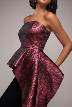 Boob Tube Jacquard Top With Asymmetric Peplum Frill - Burgundy Red by Goddiva