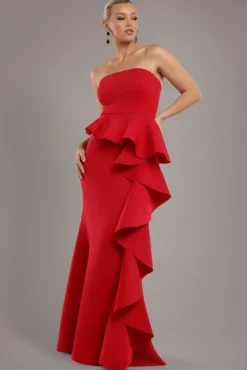 Boobtube Peplum Waterfall Frill Maxi Dress - Red by Goddiva