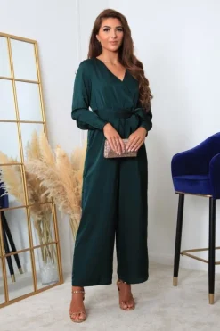Bottle Green Lux Satin Wrap Jumpsuit by Double Second