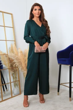 Bottle Green Lux Satin Wrap Jumpsuit by Double Second