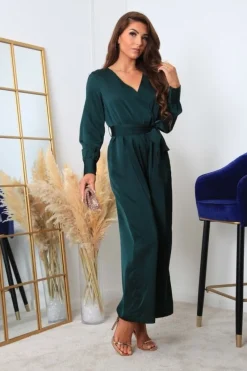 Bottle Green Lux Satin Wrap Jumpsuit by Double Second