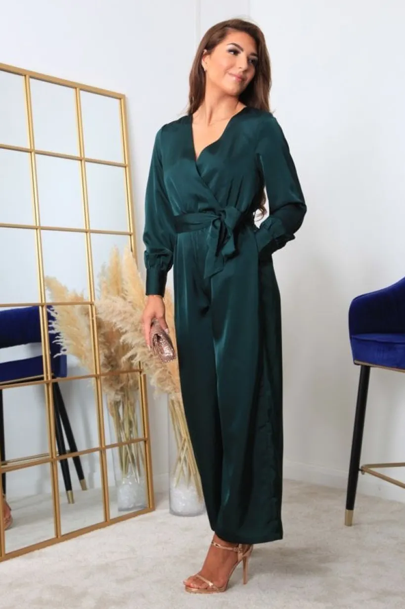 Bottle Green Lux Satin Wrap Jumpsuit by Double Second