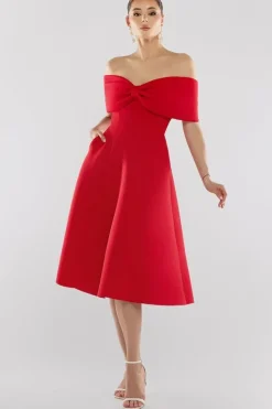 Bow Off The Shoulder A Line Midi Dress - Red by Goddiva