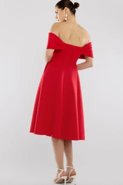 Bow Off The Shoulder A Line Midi Dress - Red by Goddiva