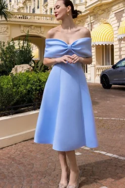 Bow Off The Shoulder A Line Midi Dress - Baby Blue by Goddiva