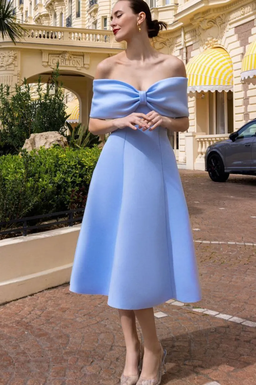 Bow Off The Shoulder A Line Midi Dress - Baby Blue by Goddiva
