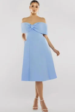 Bow Off The Shoulder A Line Midi Dress - Baby Blue by Goddiva