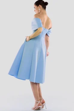 Bow Off The Shoulder A Line Midi Dress - Baby Blue by Goddiva